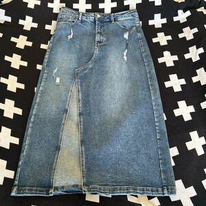 denim maxi skirt size large distressed with stretch by VBRT